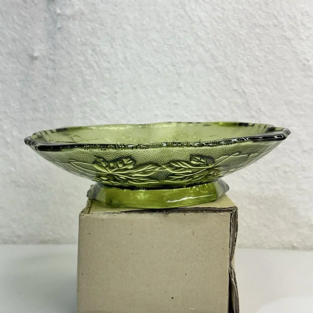 Vintage Anchor Hocking Green Footed Grape And Leaves Serving Bowl Trinket Dish